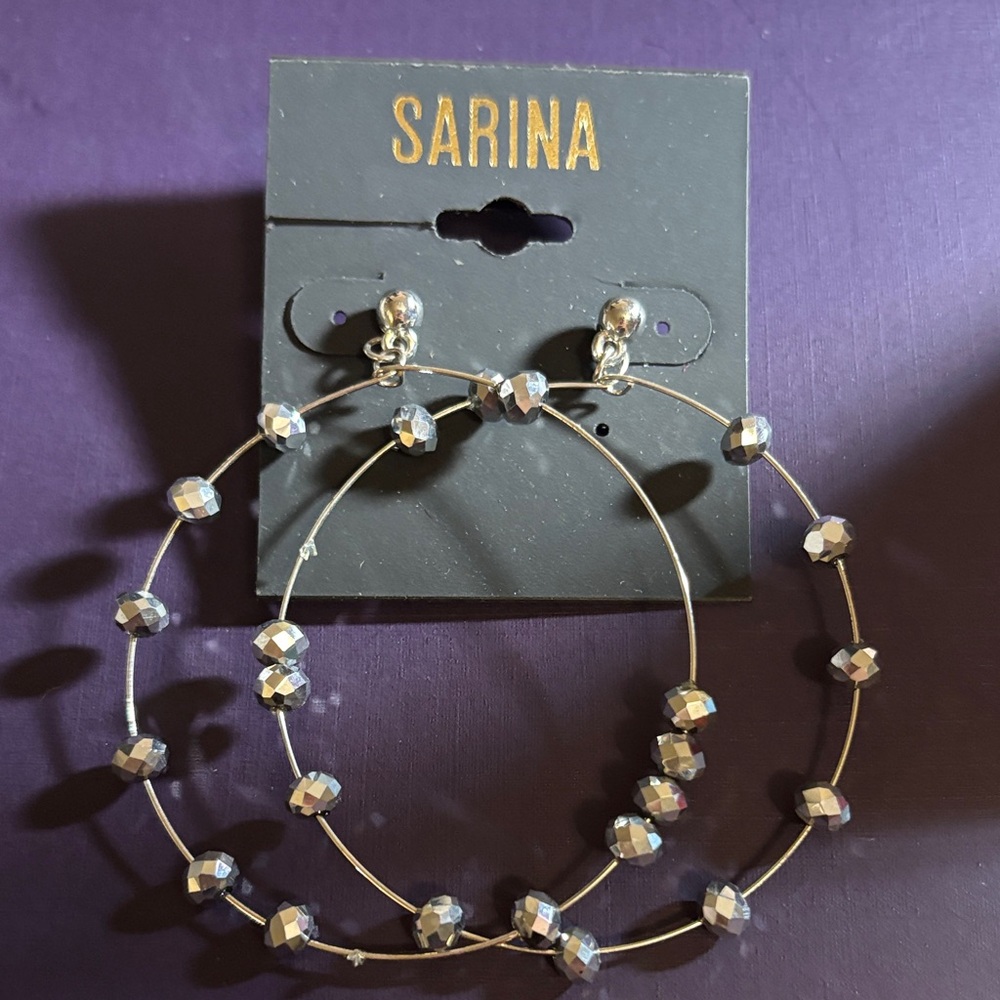 SARINA Silver Tone Beaded Hoop Earrings - Large Statement Hoops NWT